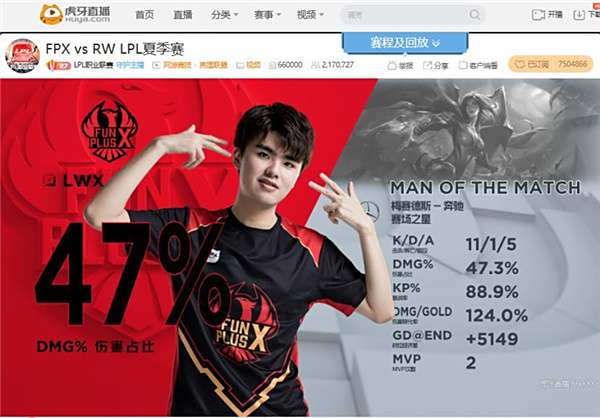 虎牙LPL： LNG与FPX携手三连胜 轻松登顶联盟前二