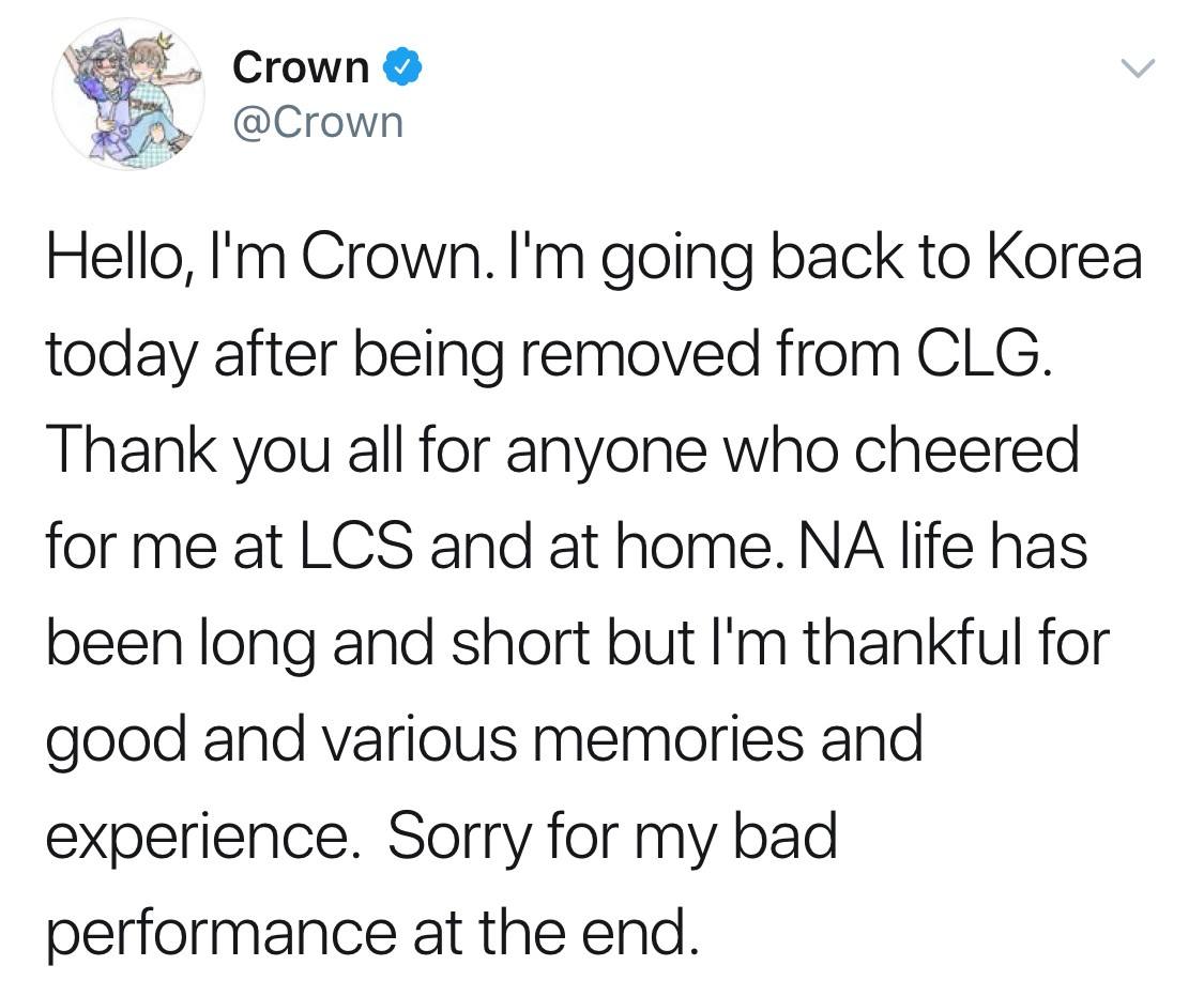 Crown更推告别LCS：很抱歉自己在CLG的糟糕表现