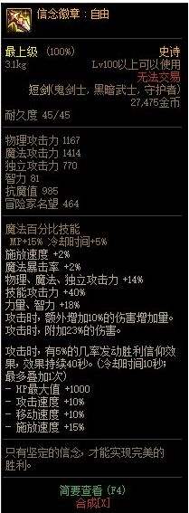 DNF信念徽章自由改版属性,DNF信念徽章自由100级改版