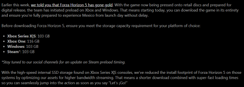 《极限竞速：地平线5》开启预载 XS/Steam版本103GB