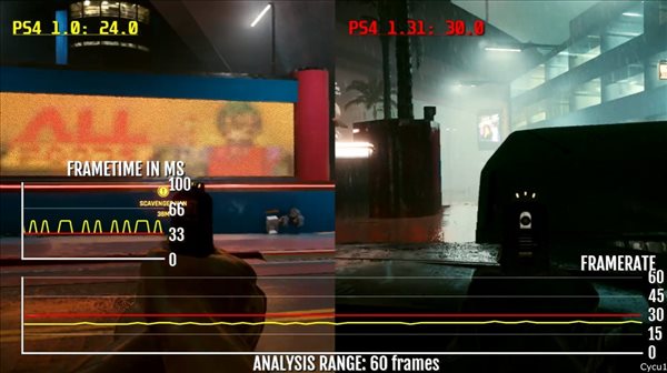 PS4《赛博2077》1.31版对比原版 稳30帧、画面进步