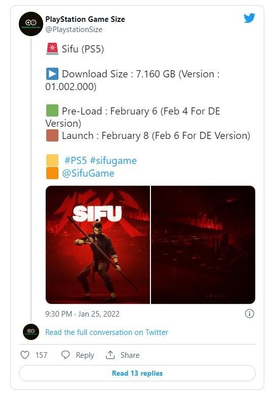 网传《师父》PS5版容量为7.16GB 2月6日开启预载