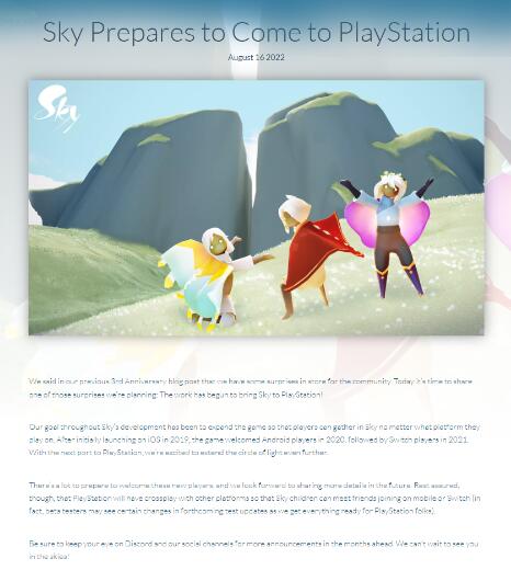 《Sky光遇》将登陆PS平台 移植工作进行中