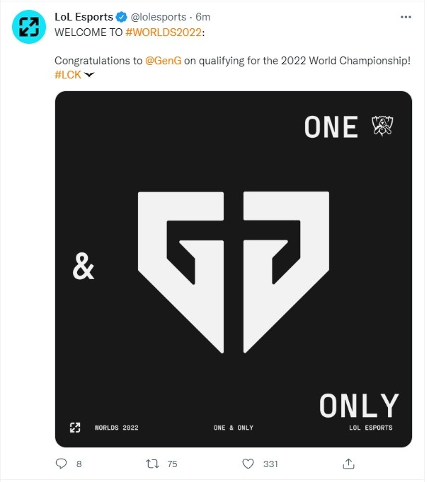 LoLesports官推：GEN为全球第二支确认晋级S赛的队伍