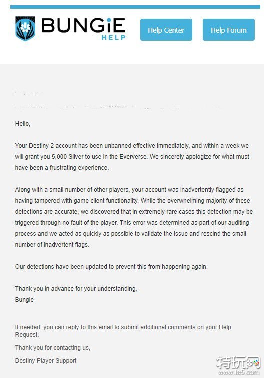 Bungie向《命运2》被误封玩家道歉 将补偿5000银币