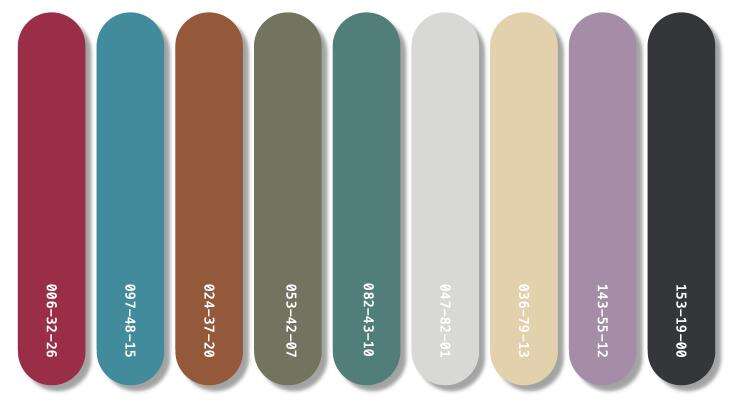 流行色,除了公布四个年度色之外,还结合了九色域工具对四个颜色的色调