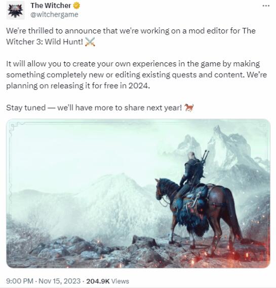 《巫师3》官方开发Mod编辑器 计划2024年免费发布